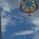 A rainbow parasail in the sky