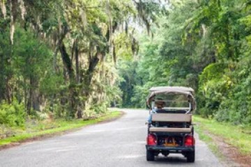 a person riding on the back of a truck traveling down a dirt road