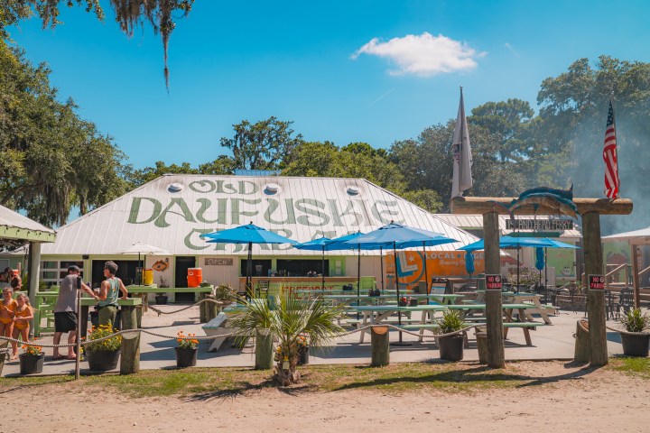 Outdoor cafe with blue umbrellas and wooden tables, surrounded by trees and people enjoying the day.