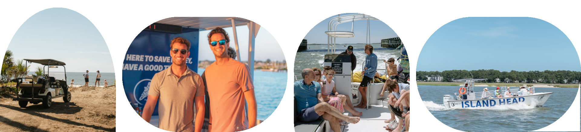 Four photos: beach scene, two men in sunglasses, group on a boat, boat named 'Island Head' cruising.